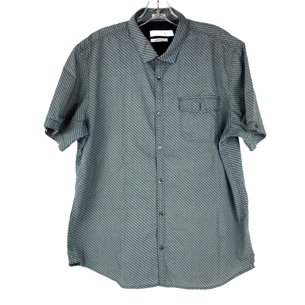 Calvin Klein Short Sleeve Shirt Men's L Button Up Dark Teal Black Pocket Casual